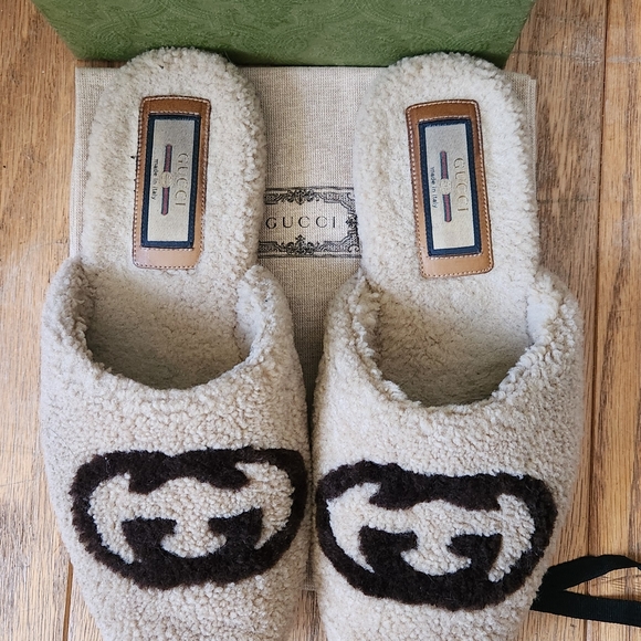 Gucci Shoes - Gucci Shearling Logo Slippers in Cream and Dark Brown